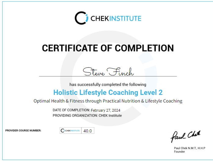 Steve's Certificate of Completion for Holistic Lifestyle Coaching Level 2