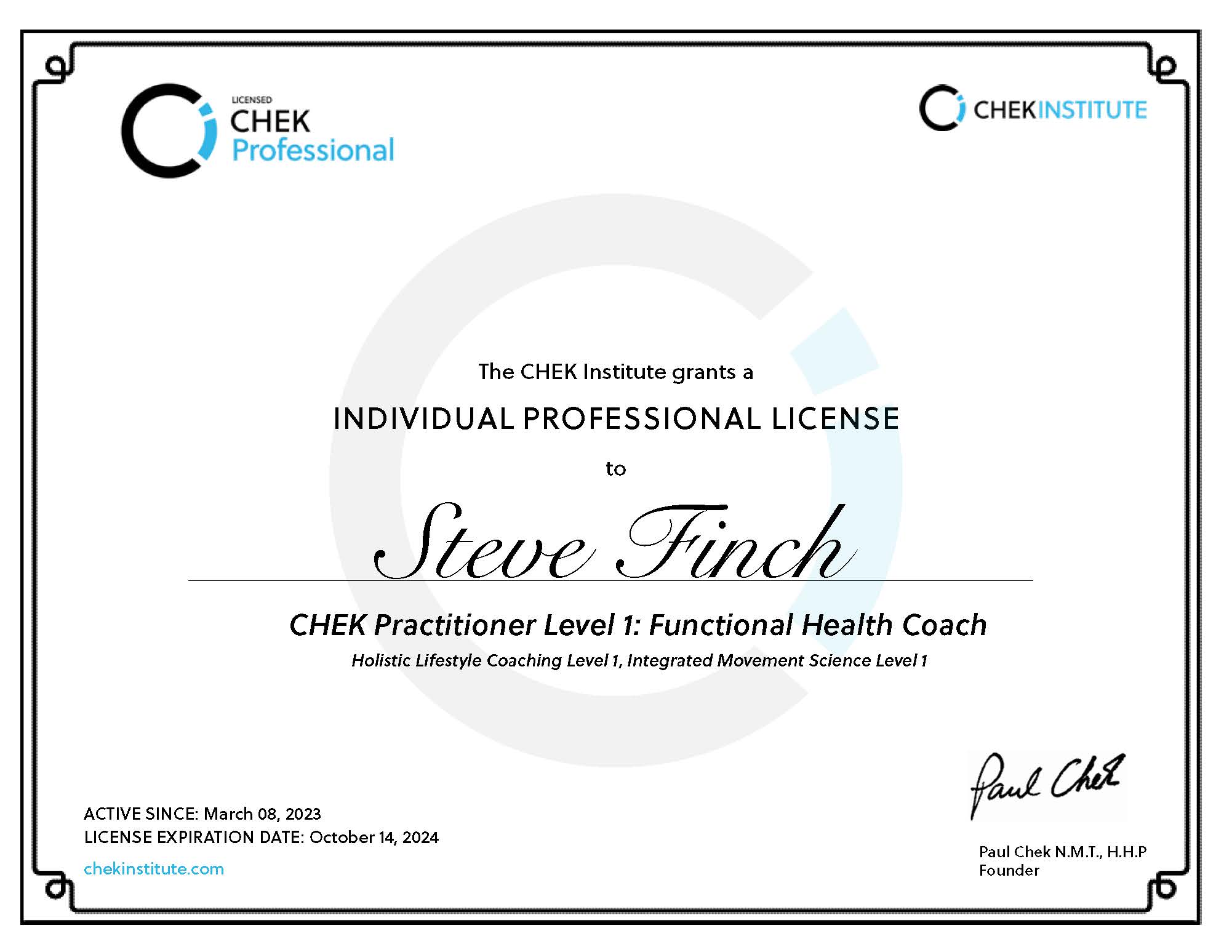 Steve's CHEK practitioner license